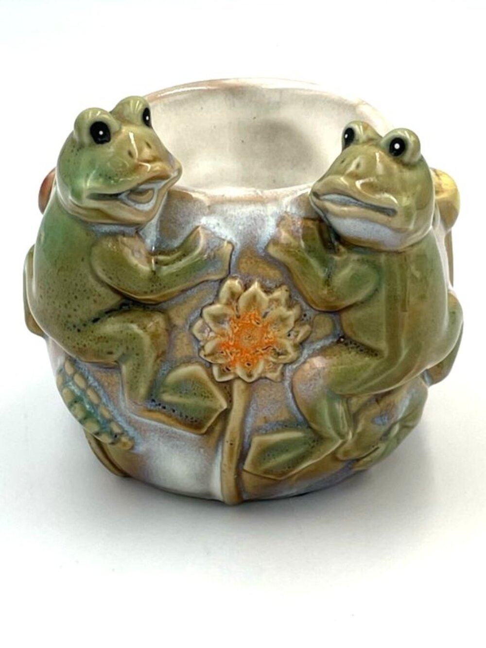 Frog Tea Light Votive Candle Holder Ceramic Figural Floral Whimsical 4" H